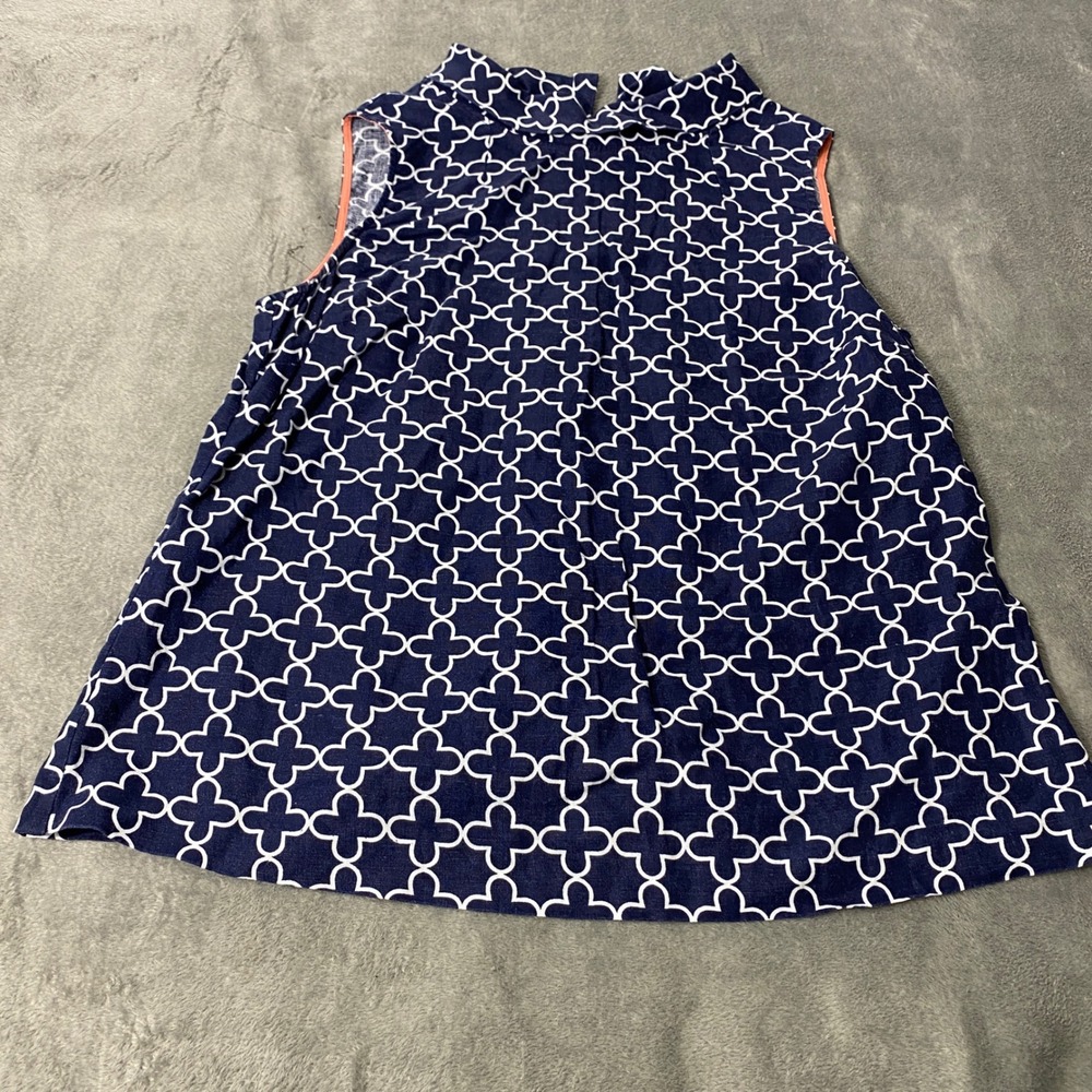 Boden Top Women 12 Navy Blue Linen WA720 Geometric Button Back High Neck